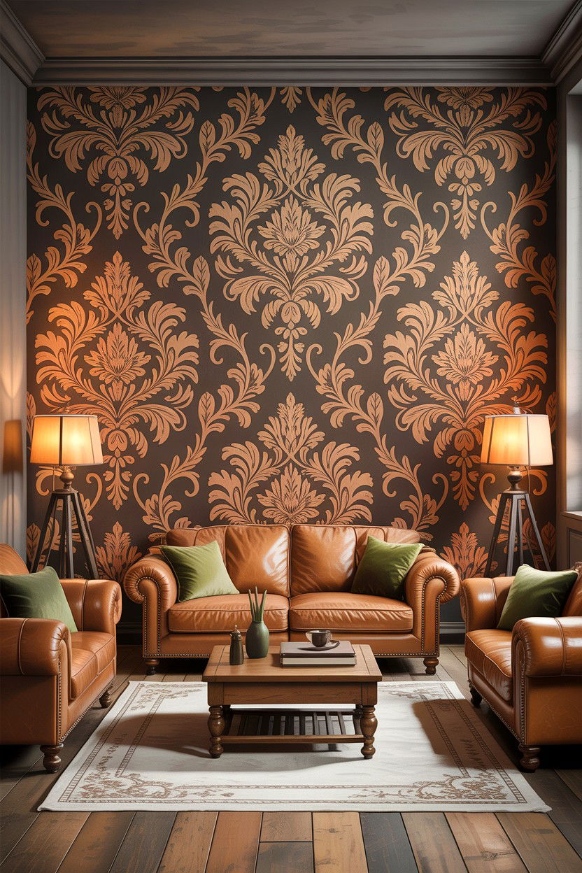 Copper and brown damask wallpaper - 30 living room damask wallpapers