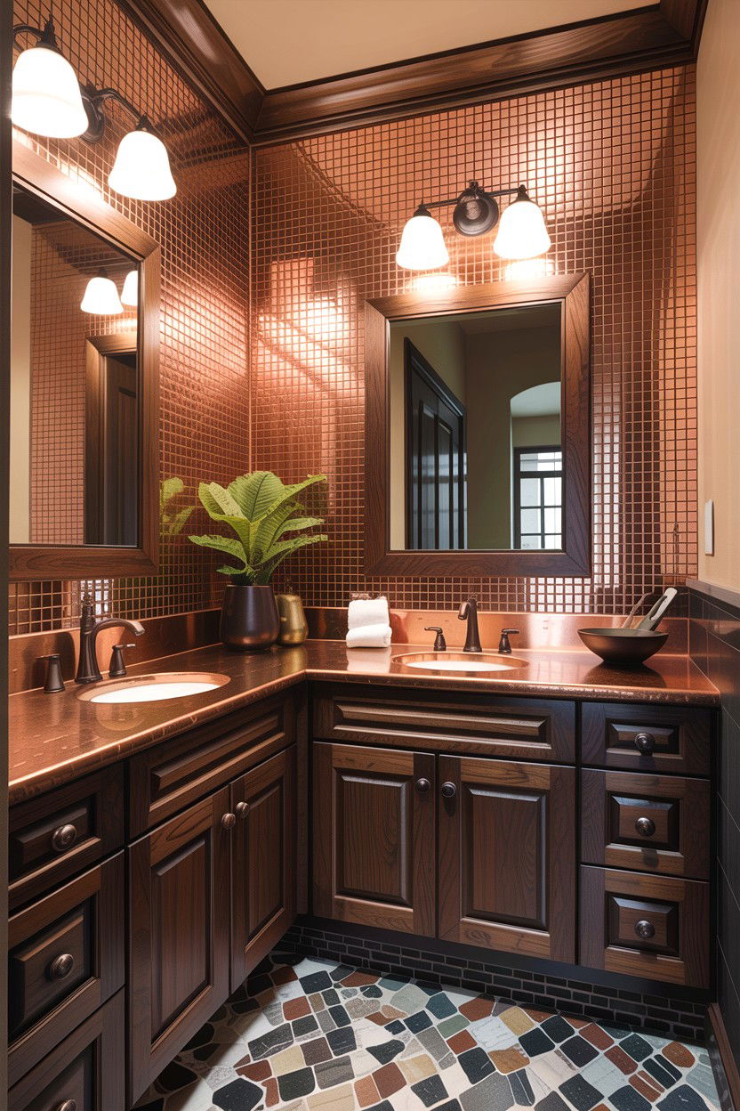Copper glass mosaic vanity wall - 30 glass mosaic bathroom ideas