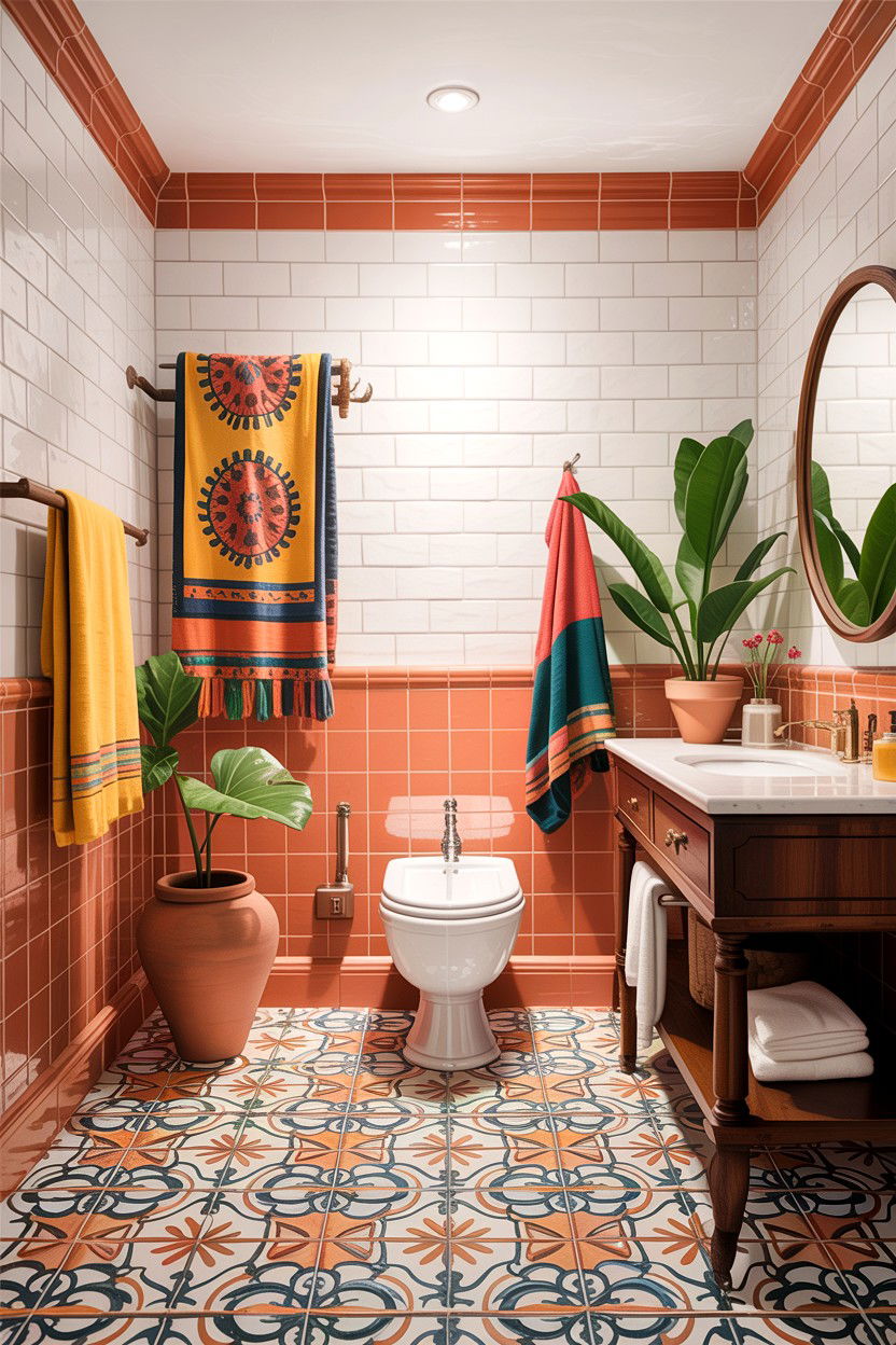 Coral grout bohemian bathroom - 30 colored grout bathroom ideas