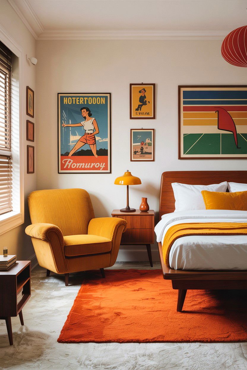 Corduroy Accent Retro Bedroom - 30 layered texture bedroom ideas