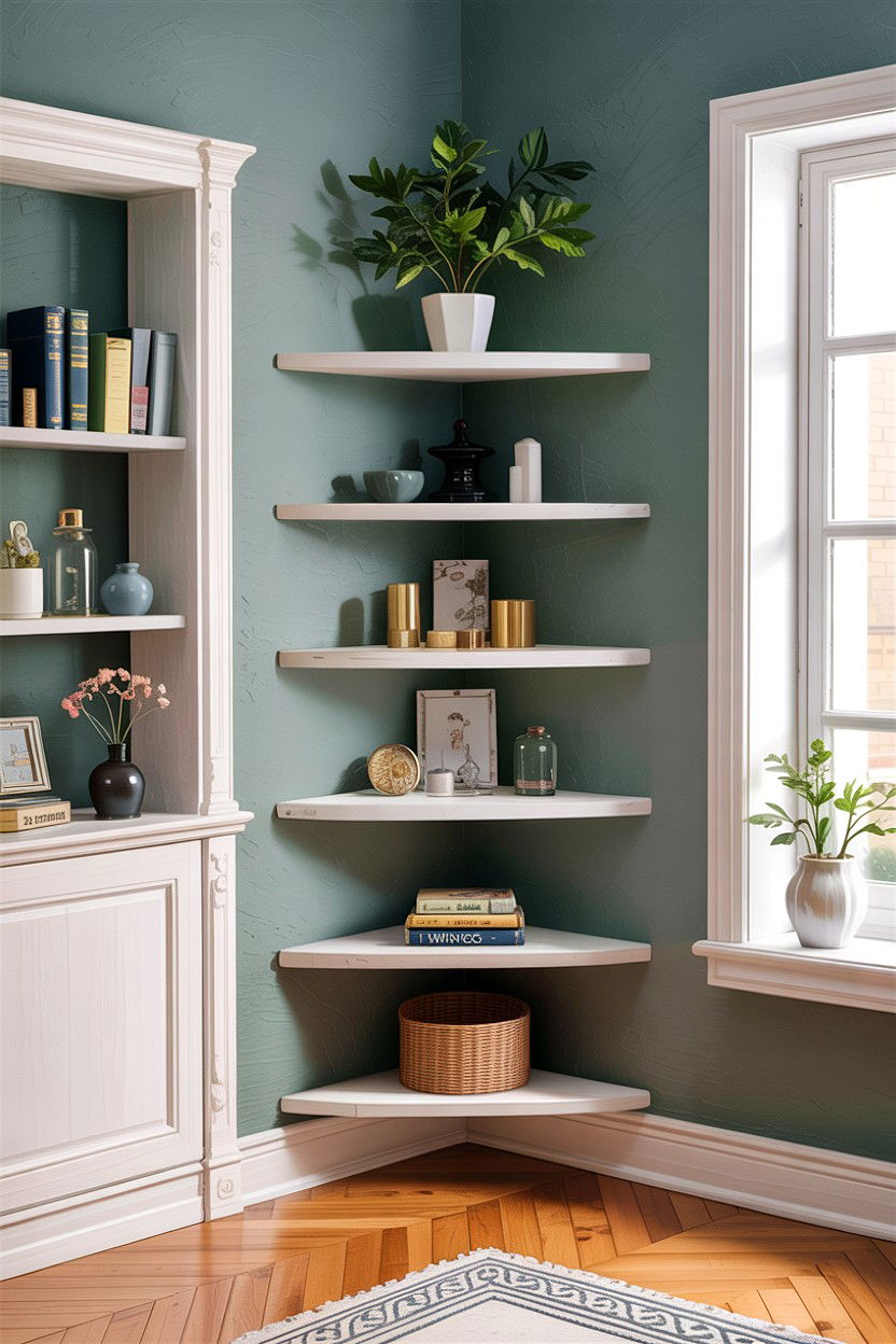 Corner Floating Shelf - 30 bedroom space saving ideas