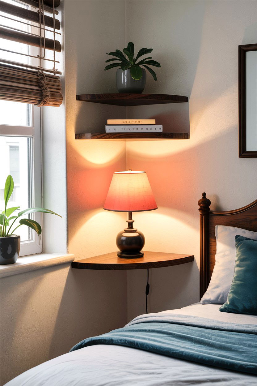 Corner Floating Shelf - 30 bedroom secret storage ideas