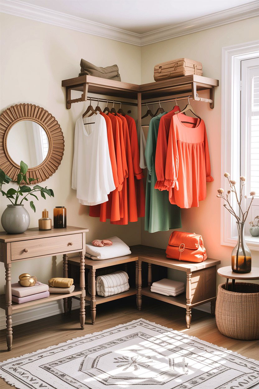 Corner Hanging Rod - 30 small bedroom space storage ideas