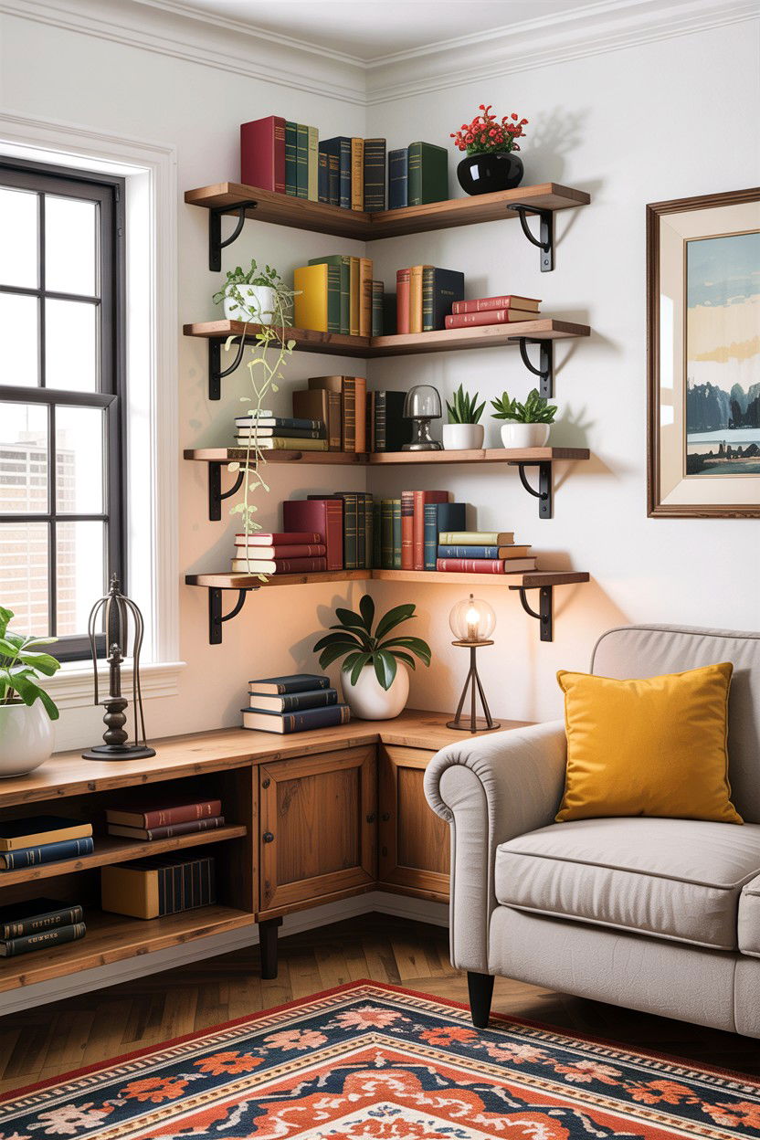 Corner Shelves - 30 small living room space storage ideas