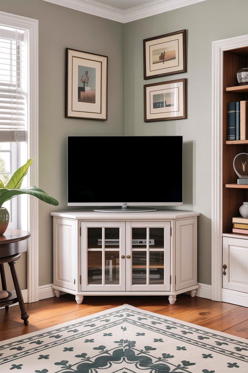Corner TV Stand - 30 small living room space storage ideas