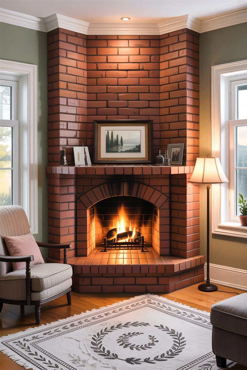 Corner brick fireplace - 30 living room fireplace brick ideas