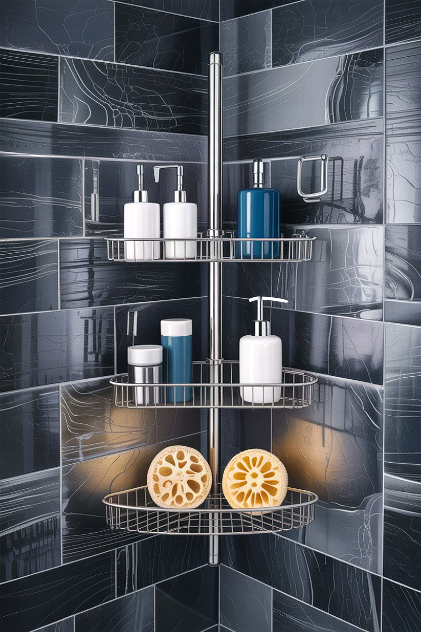 Corner shower caddy - 30 small bathroom space storage ideas