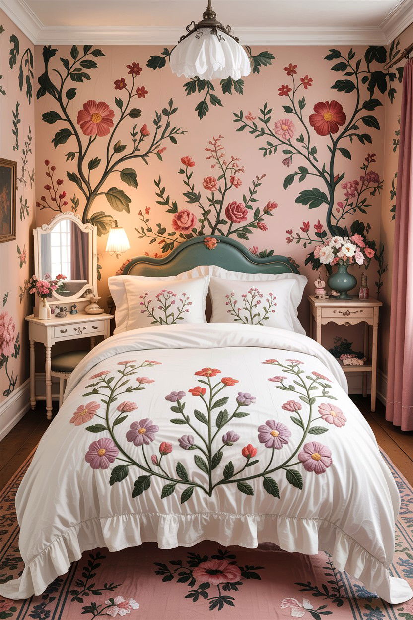 Cottagecore Floral Embroidery Bedding - 30 embroidered bedroom ideas