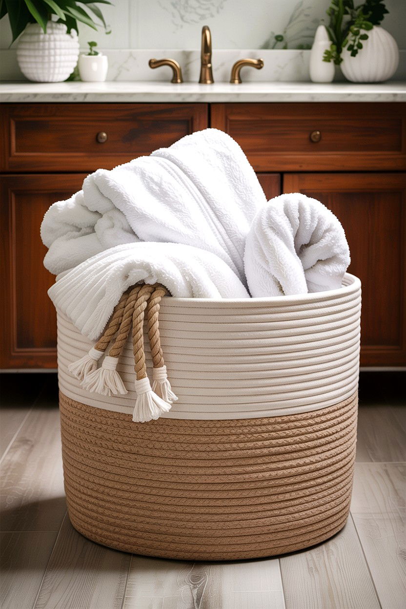 Cotton rope towel baskets - 30 bathroom basket storage ideas