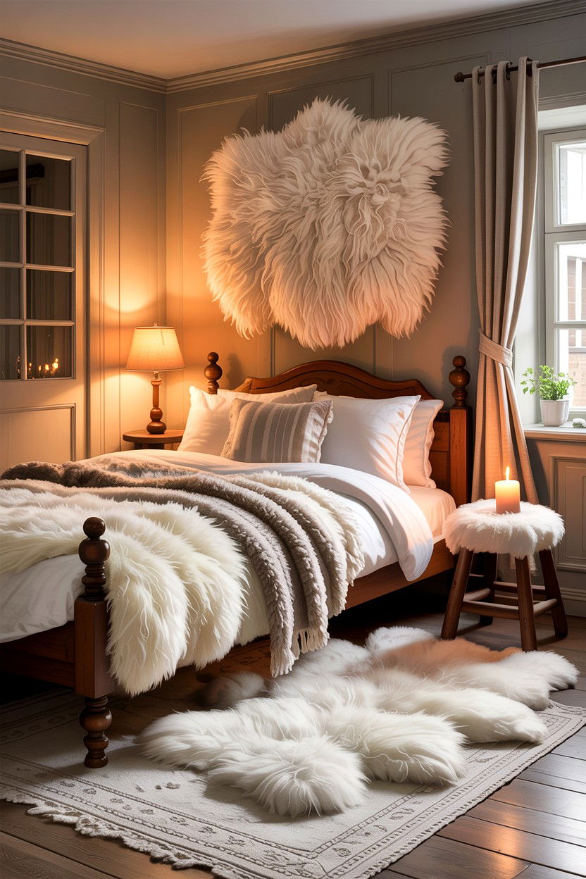 Cozy Hygge Sheepskin Bedroom - 30 Swedish bedroom ideas