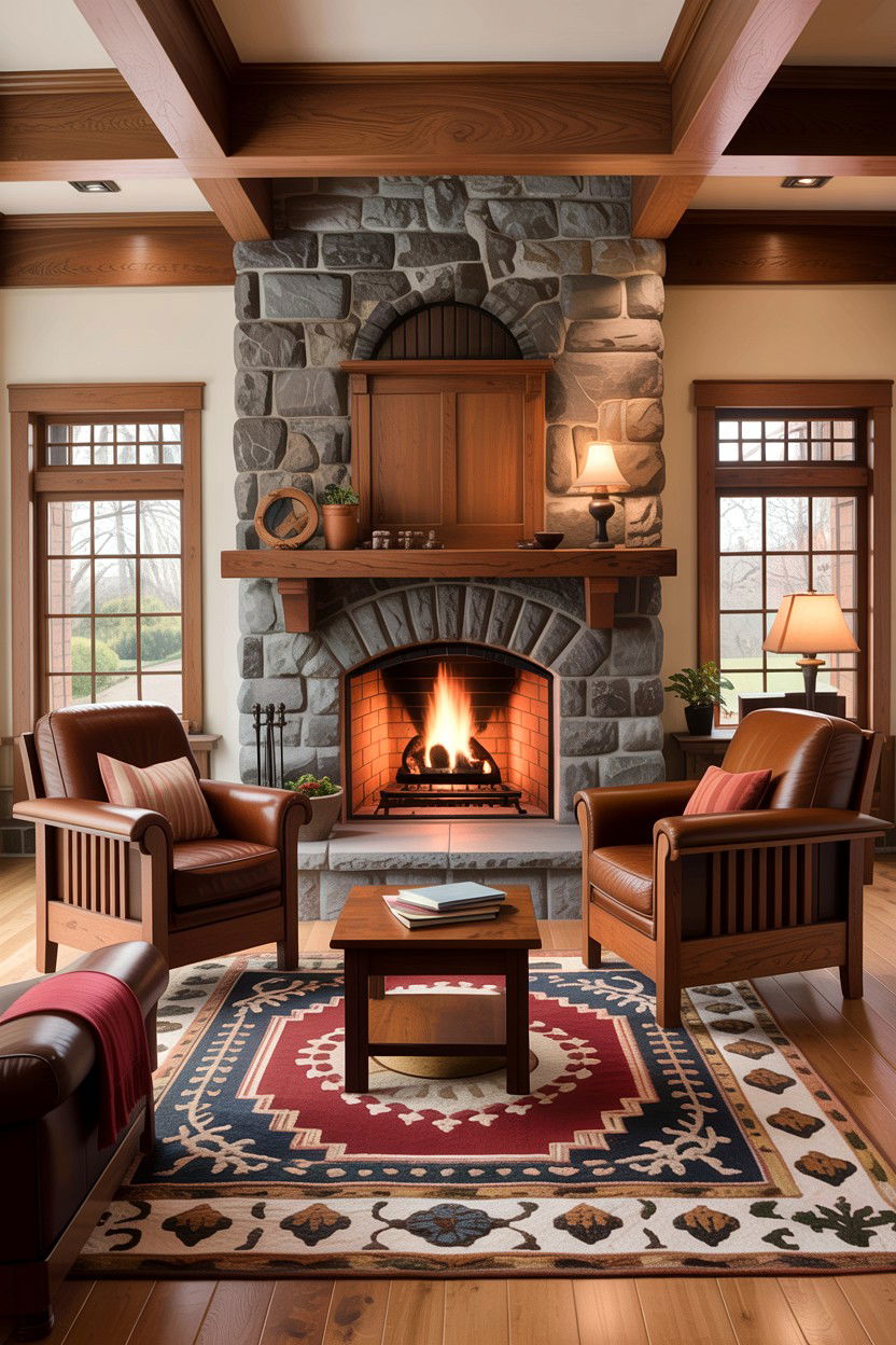 Craftsman Living Room With Stone Fireplace - 30 living room Craftsman furniture ideas