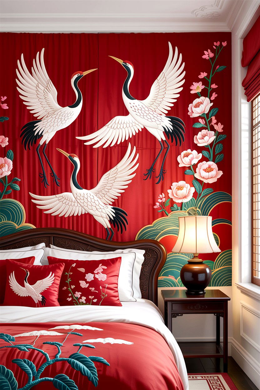 Crane Motif Bedroom Decor - 30 Chinese bedroom ideas