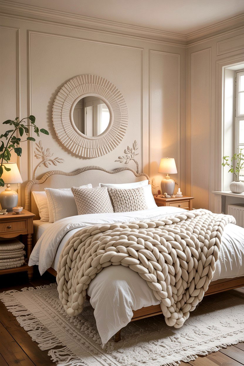 Cream bedroom with chunky knit blankets - 30 warm cream bedroom ideas