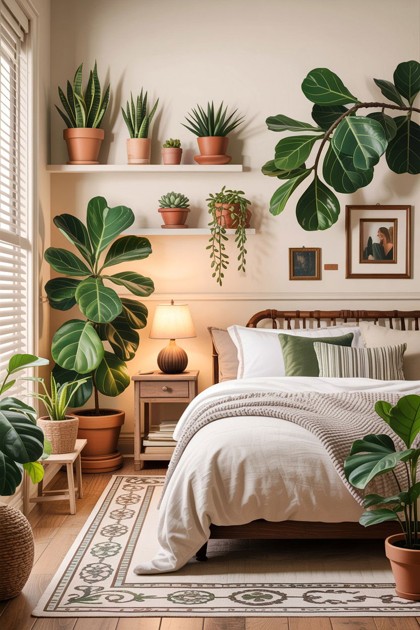 Cream bedroom with green plants - 30 warm cream bedroom ideas
