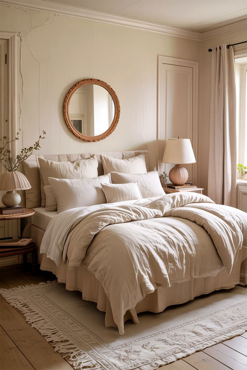 Cream bedroom with linen bedding - 30 warm cream bedroom ideas
