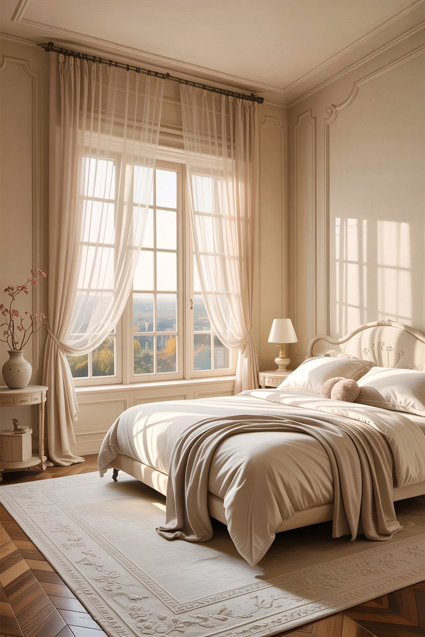 Cream bedroom with sheer curtains - 30 warm cream bedroom ideas