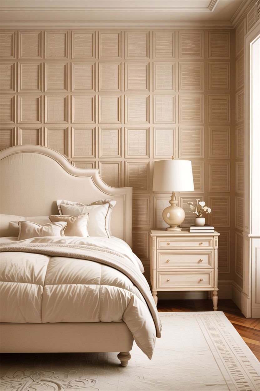 Cream bedroom with textured wallpaper - 30 warm cream bedroom ideas
