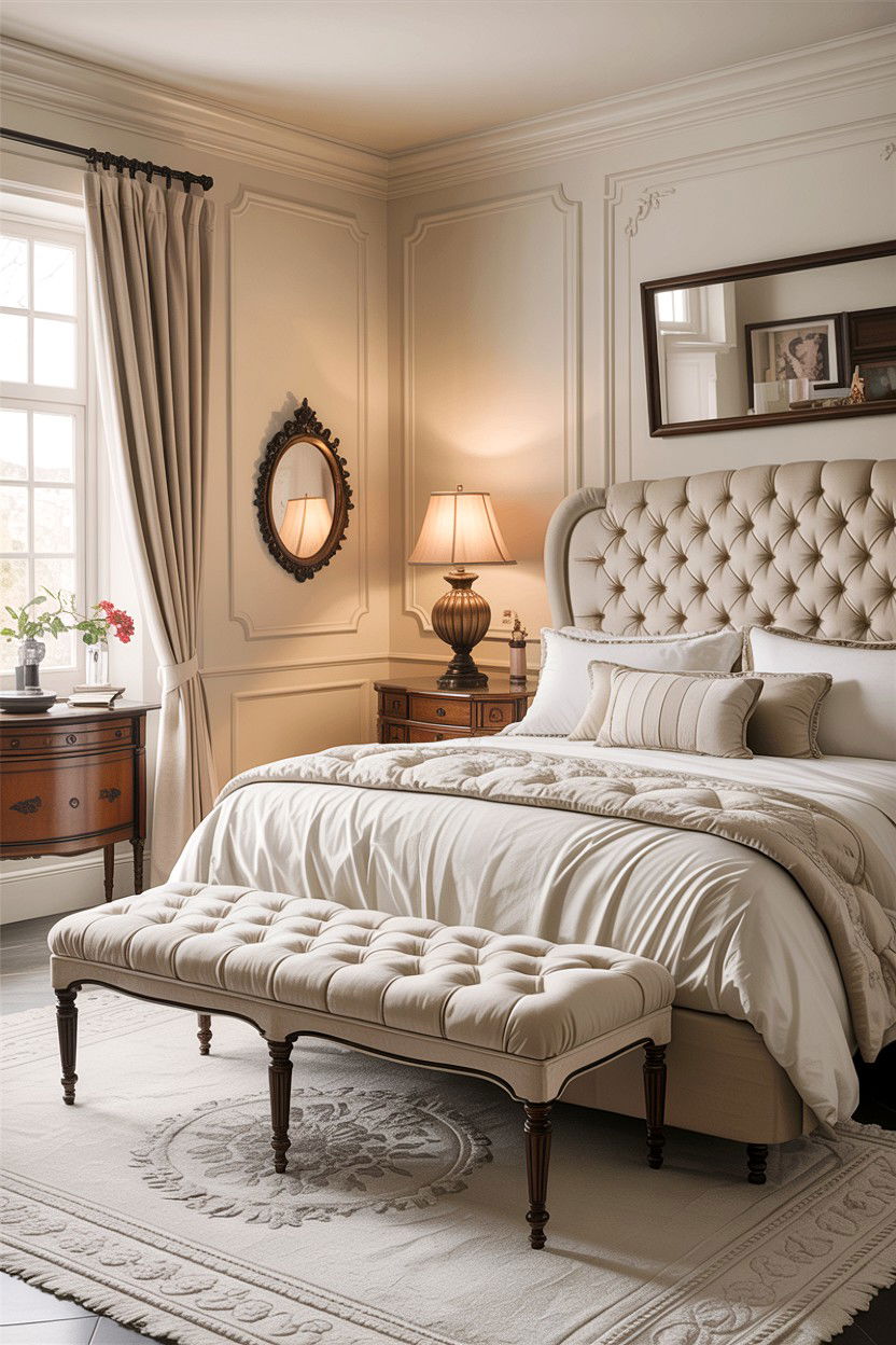 Cream bedroom with tufted furniture - 30 warm cream bedroom ideas
