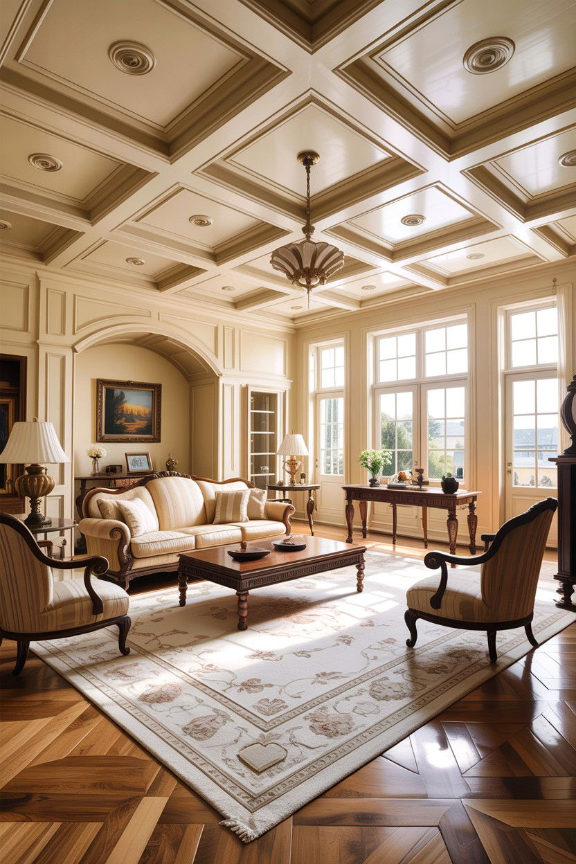 Cream living room with coffered ceiling - 30 traditional cream living room ideas