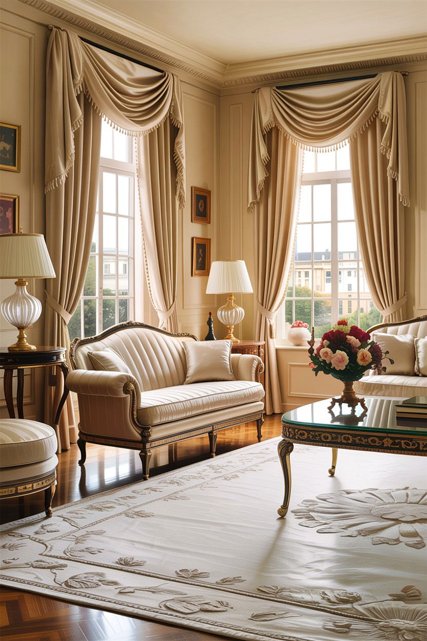 Cream living room with silk drapes - 30 traditional cream living room ideas