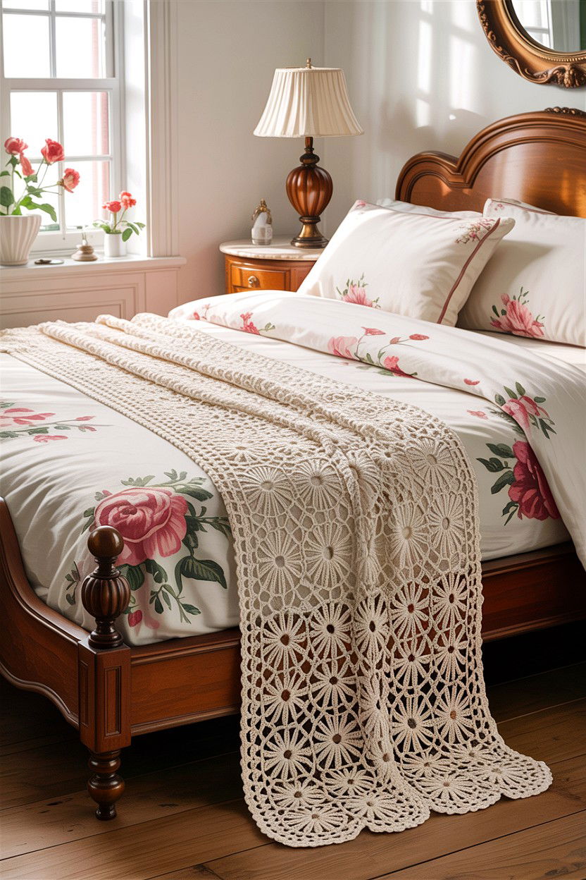 Crochet Bed Runner Scarf - 30 cottage core bedroom ideas