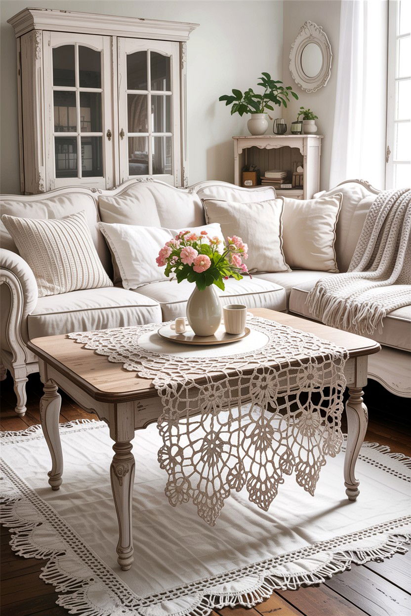Crochet Lace Details - 30 French shabby chic living room ideas