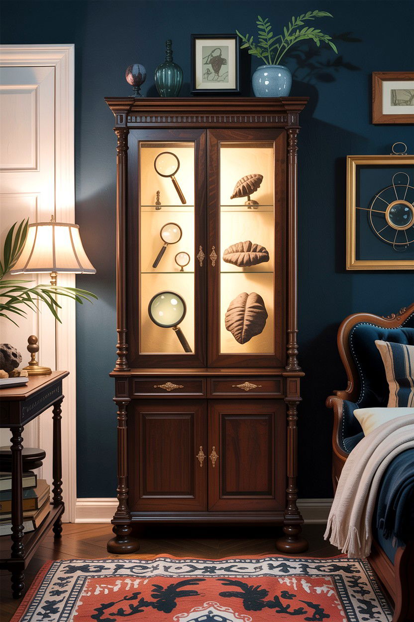 Curiosities Display Cabinet - 30 dark academia bedroom ideas