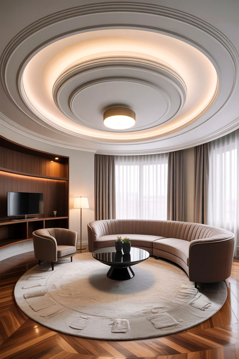 Curved POP ceiling living room - 30 living room fifth wall ideas