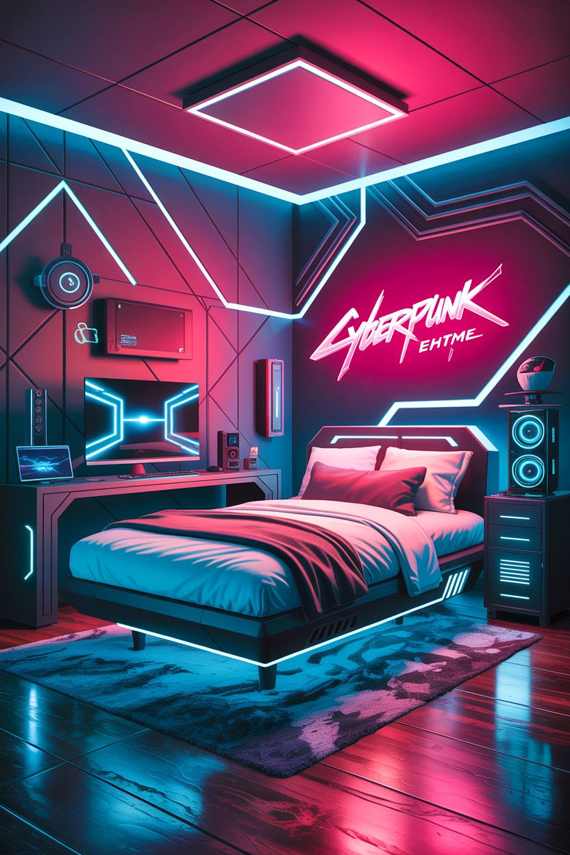 Cyberpunk Theme Bedroom - 30 gamer setup bedroom ideas