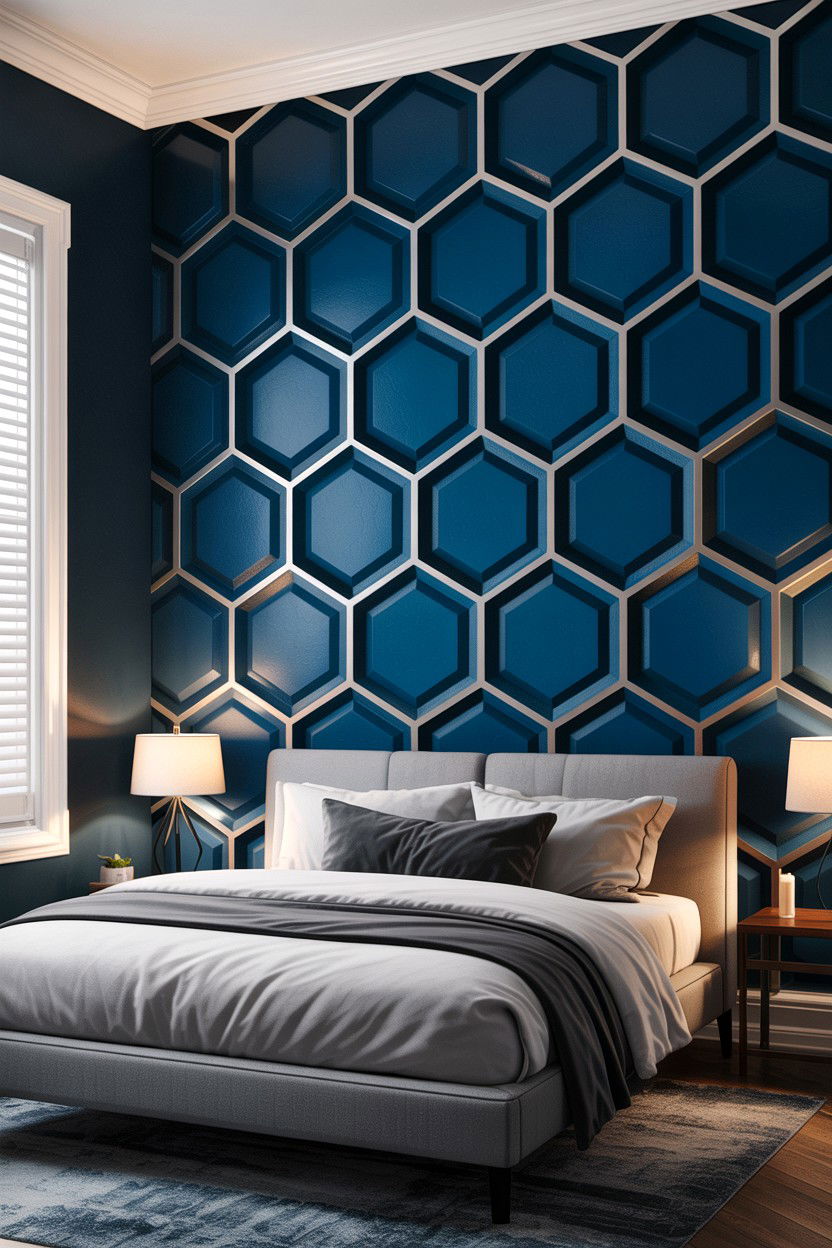 Dark Blue Hexagon Wall - 30 bedroom geometric wall designs