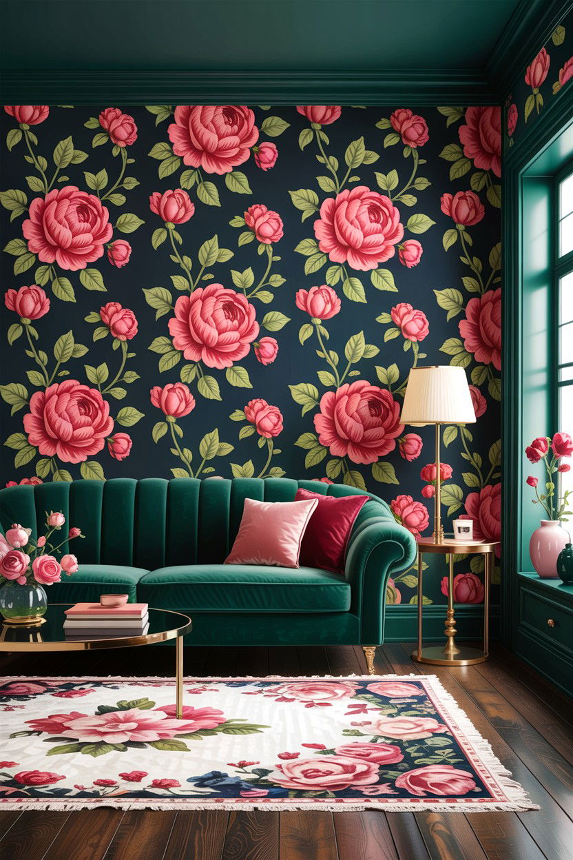 Dark Floral Wall - 30 floral themed living room ideas