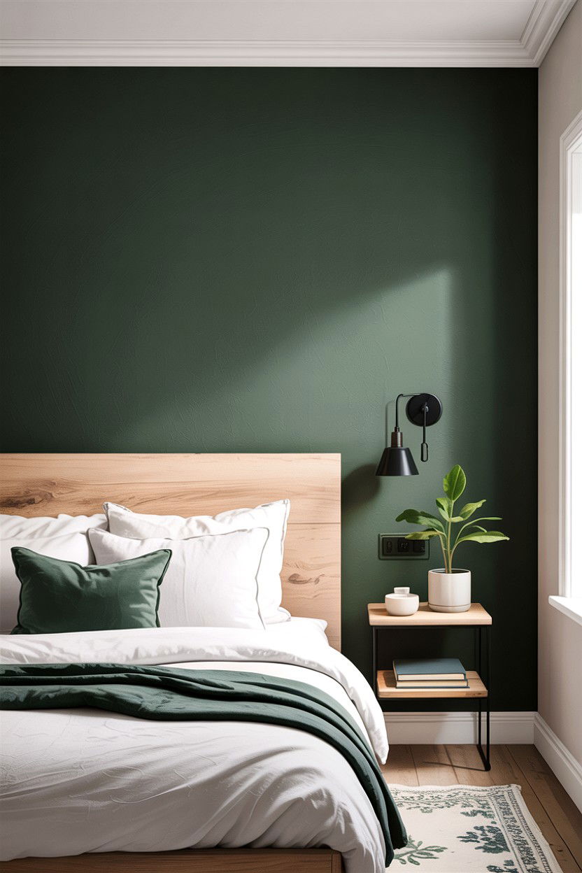 Dark Green Accent Wall - 30 scandinavian green bedroom ideas