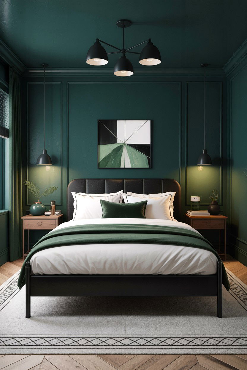 Dark Green Bedroom With Black Accents - 30 emerald bedroom ideas