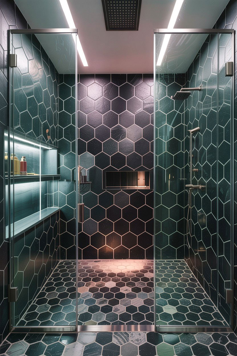 Dark Grey Hexagon Tile Walk In Shower - 30 hexagon tile bathroom ideas