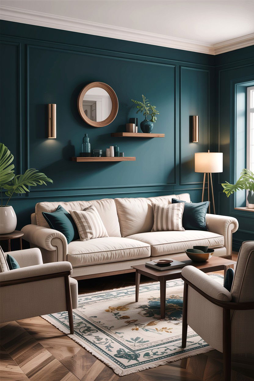 Dark Teal Accent Wall - 30 teal living room design ideas