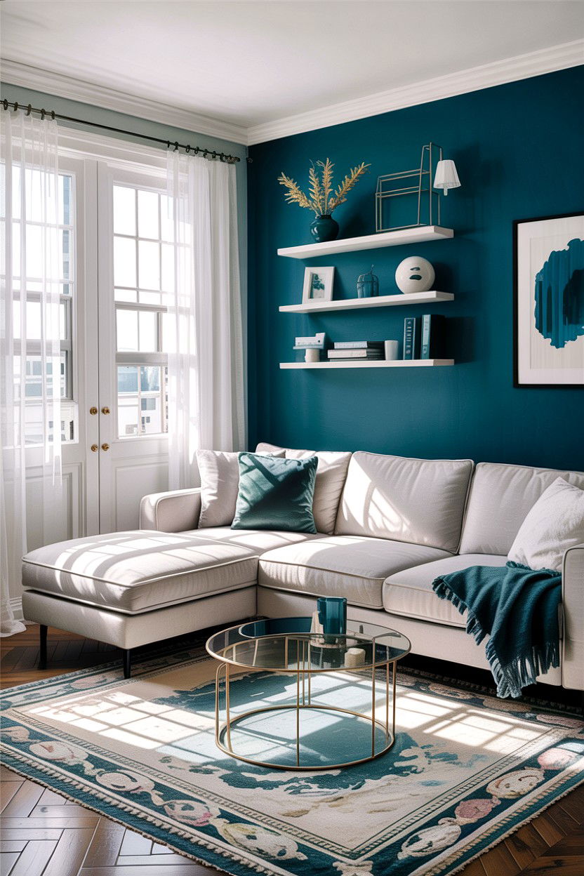 Dark Teal Accent Wall White Living Room - 30 teal and white living room ideas