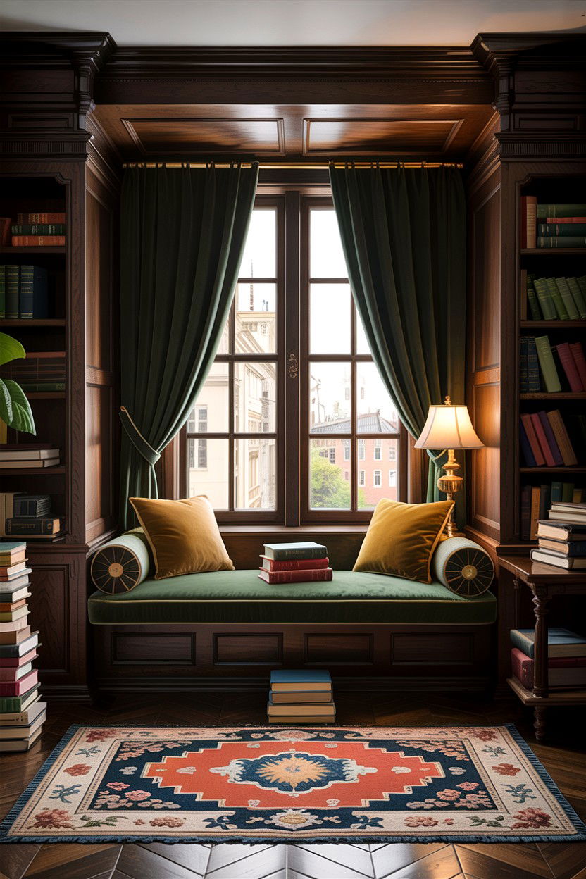 Dark academia window seat - 30 bedroom window seat ideas