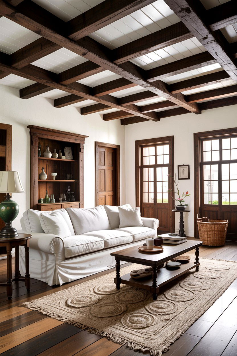 Dark beams on white ceiling - 30 living room dark ceiling ideas