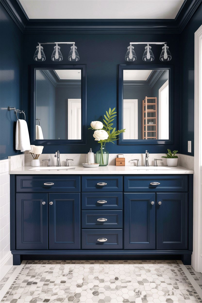 Dark blue bathroom cabinets - 30 high contrast bathroom ideas
