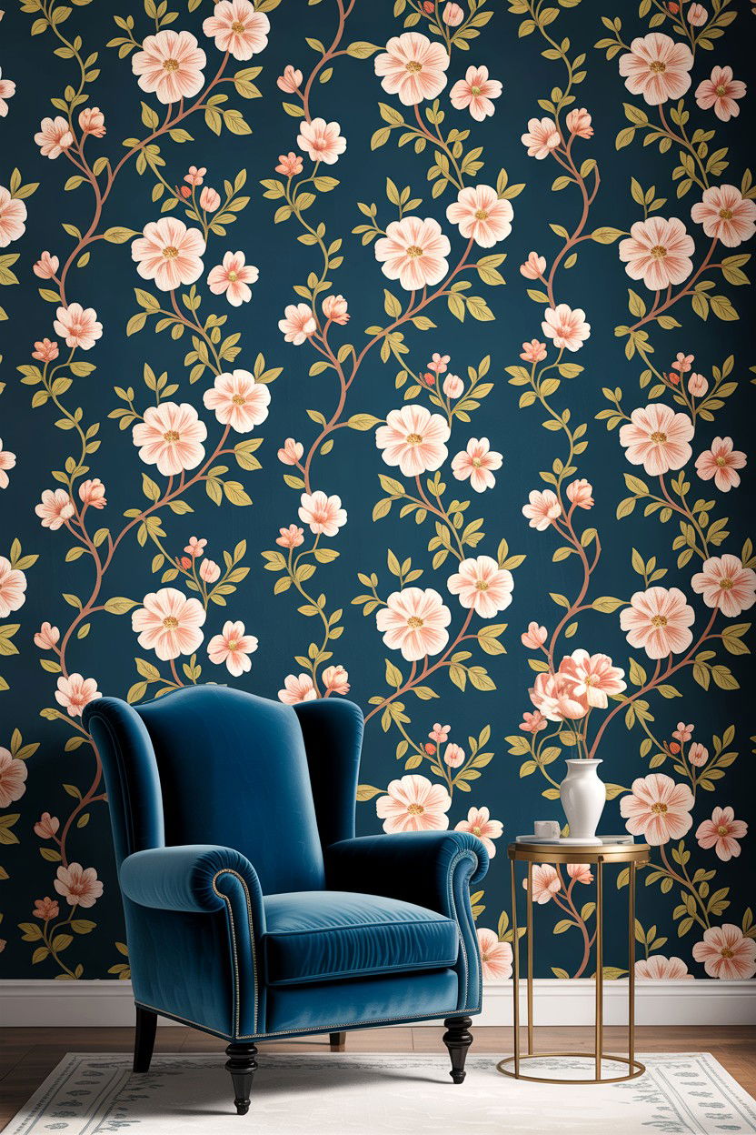 Dark blue floral wallpaper - 30 traditional navy living room ideas