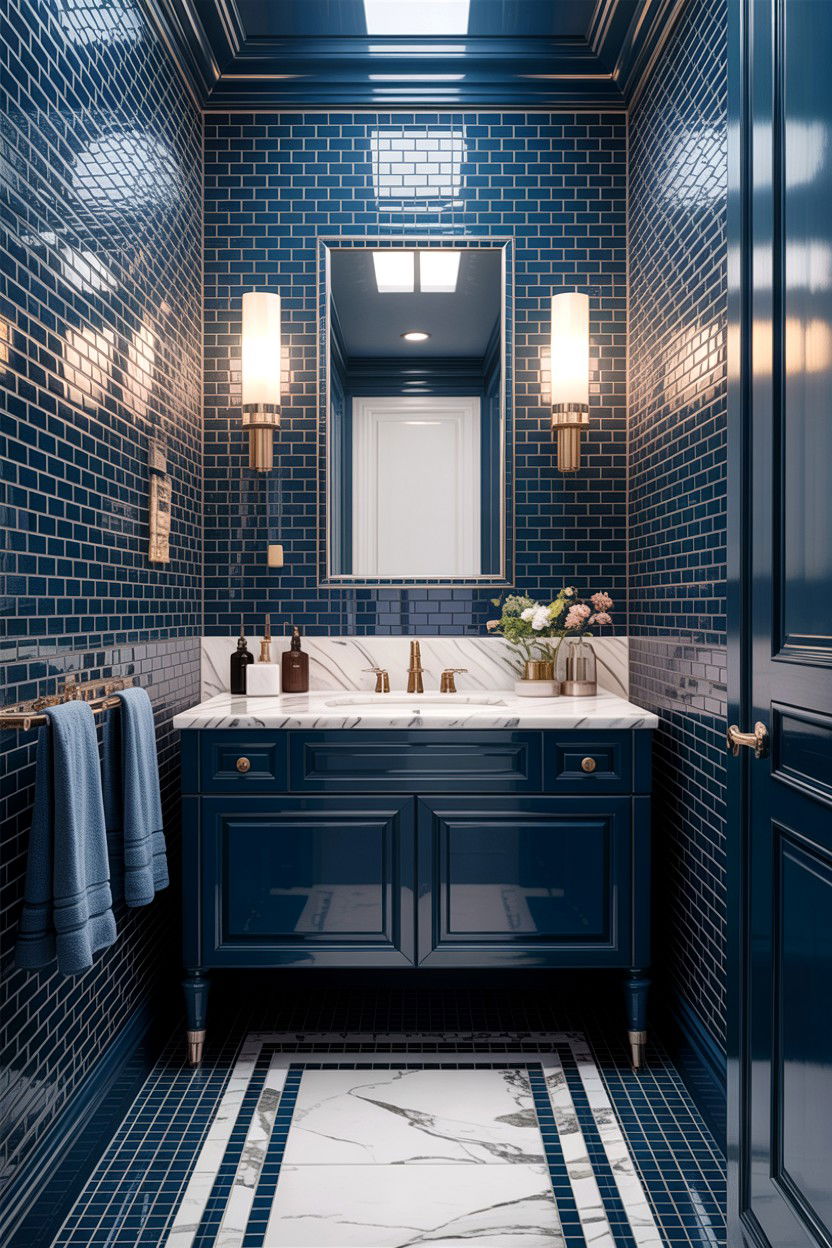 Dark blue glass mosaic powder room - 30 glass mosaic bathroom ideas