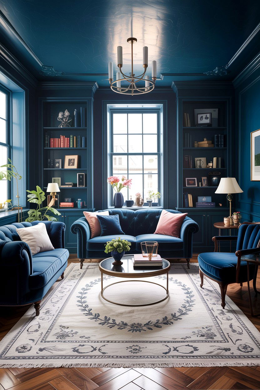 Dark blue living room - 30 blue and white living room ideas
