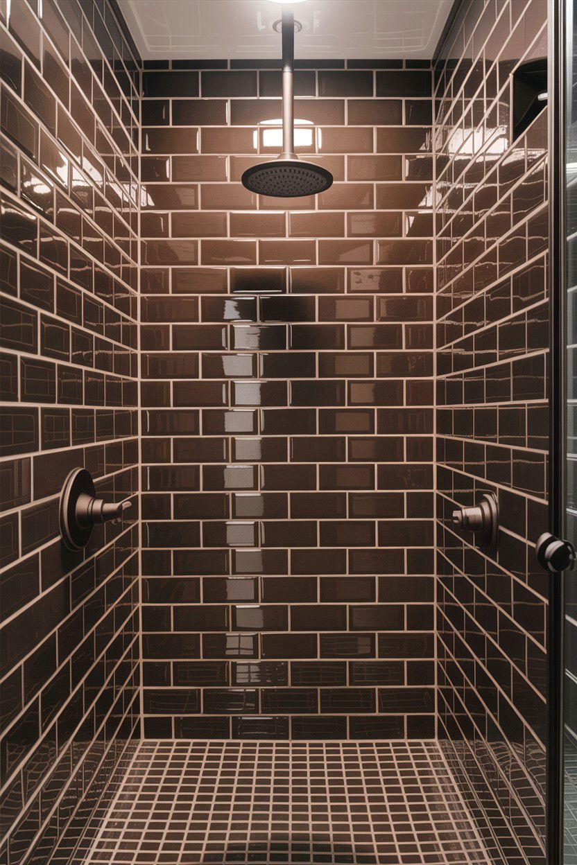 Dark brown subway tile shower - 30 chocolate brown bathroom ideas