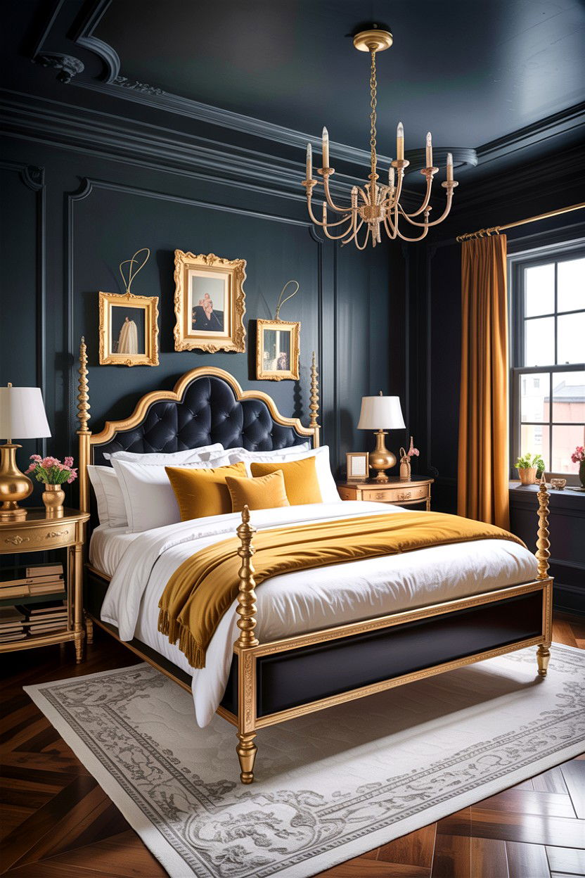 Dark charcoal bedroom with gold decor - 30 traditional grey bedroom ideas