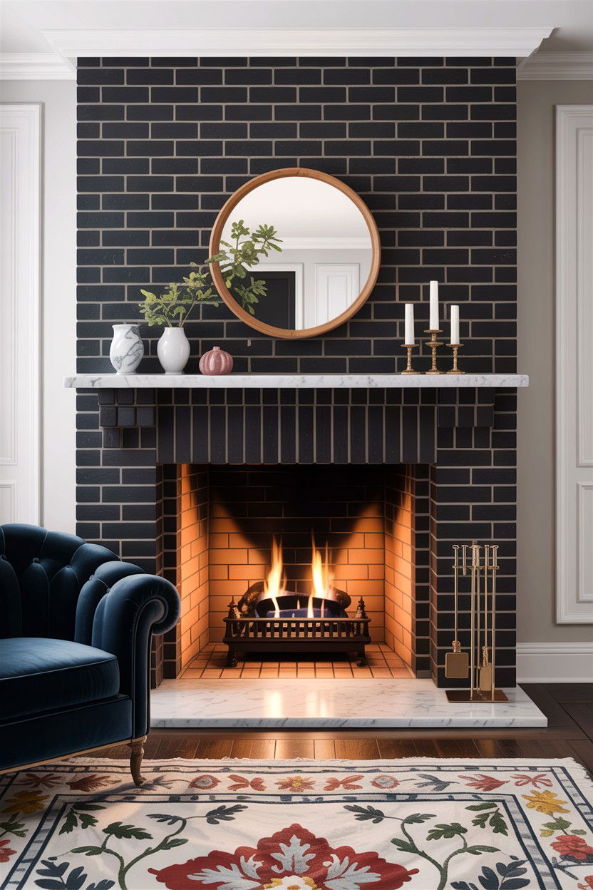 Dark charcoal brick fireplace - 30 living room fireplace brick ideas