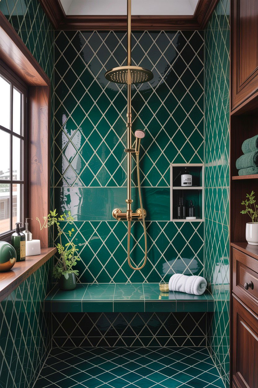 Dark green diamond tile shower - 30 diamond tile bathroom ideas