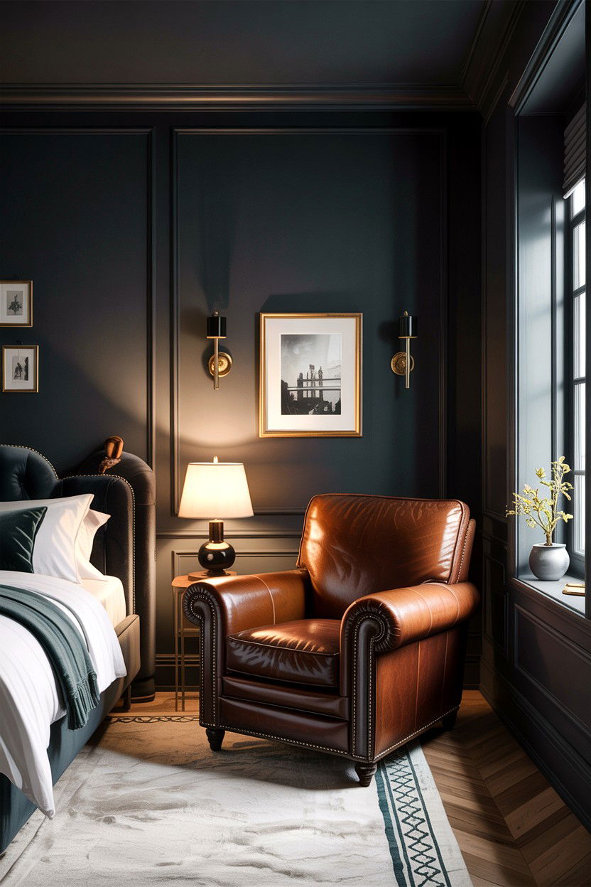 Dark moody bedroom lounge - 30 bedroom with lounge ideas