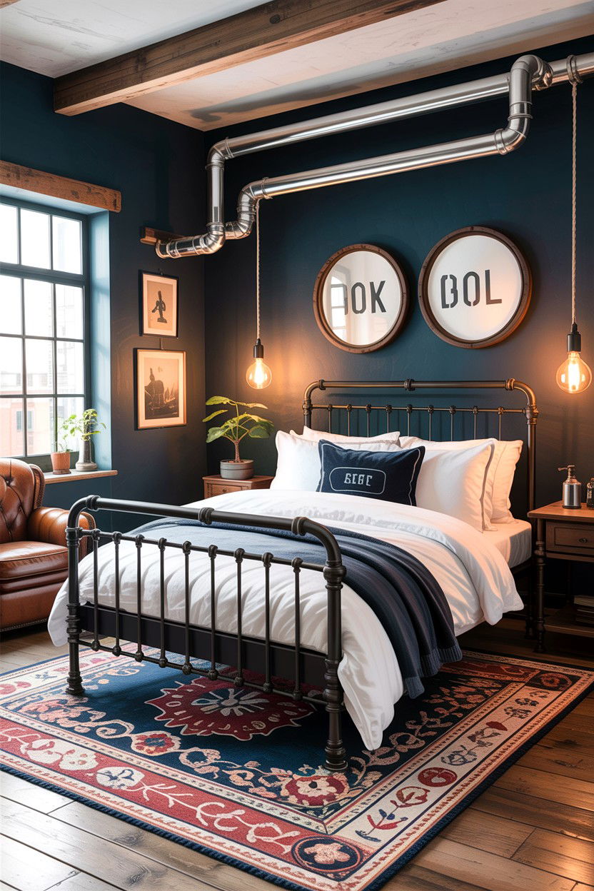 Dark navy industrial bedroom - 30 rustic navy bedroom ideas