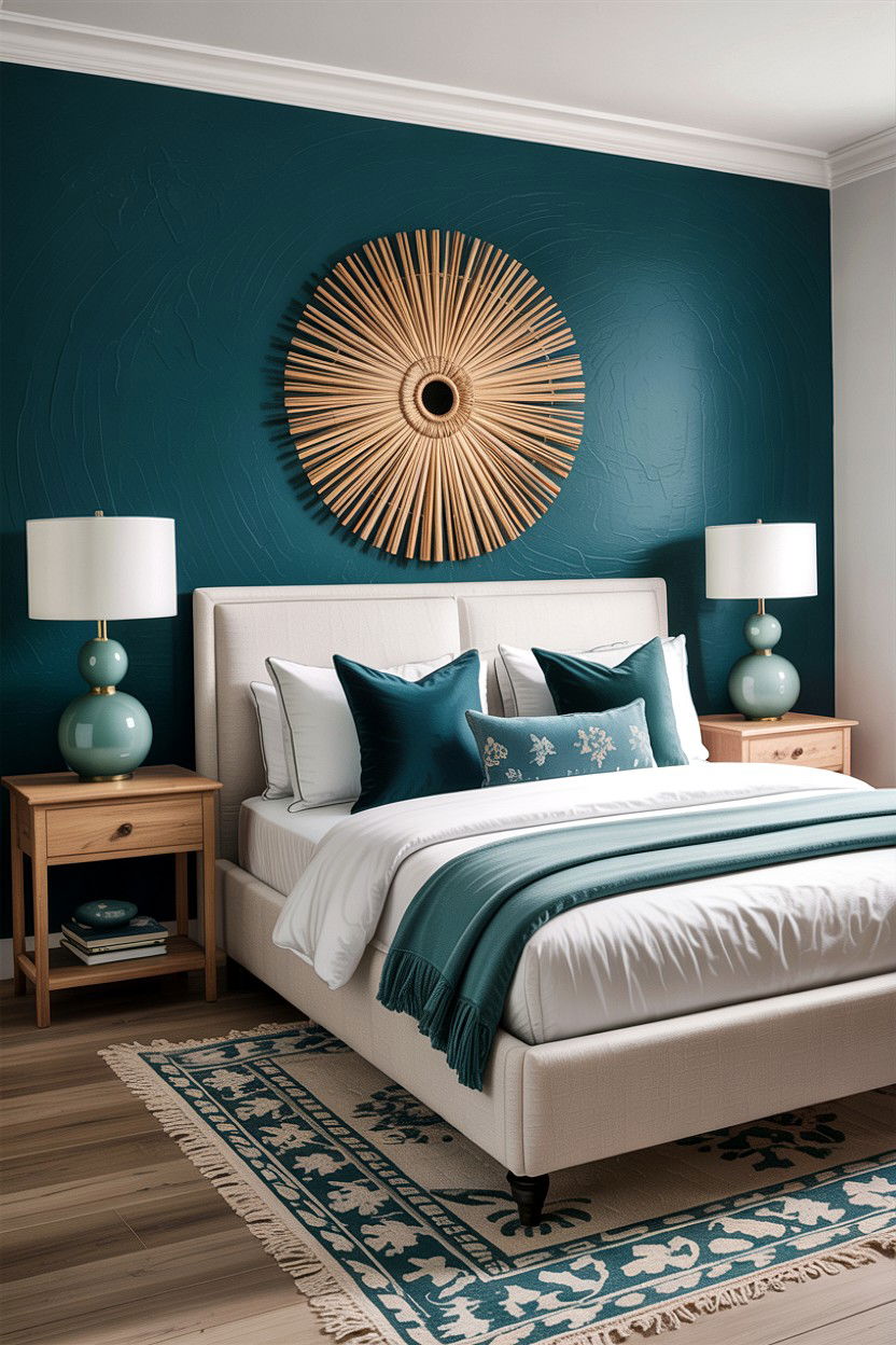 Dark teal accent wall - 30 teal and white bedroom ideas