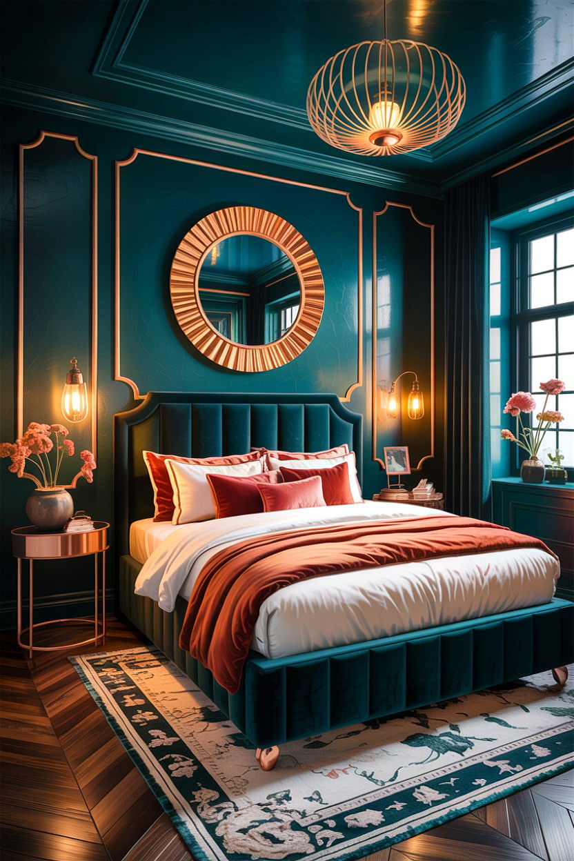 Dark teal and copper bedroom - 30 colorful bedroom ideas